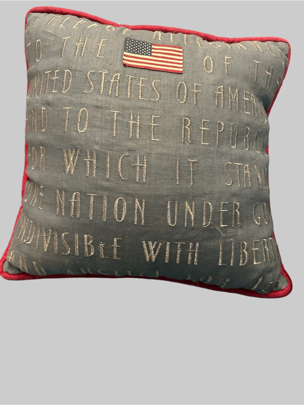 Patriotic Script Embroidered Throw Pillow with Flag Accent - Gray & Red